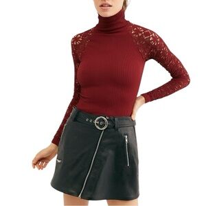 Free People Intimately XS/S Red Rib and Lace Turtleneck Long Sleeve Shirt
